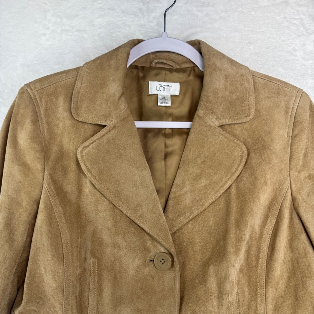 Ann Taylor Loft Tan Suede Leather Blazer Jacket Womens Size 8 Two Button Camel - Picture 8 of 8